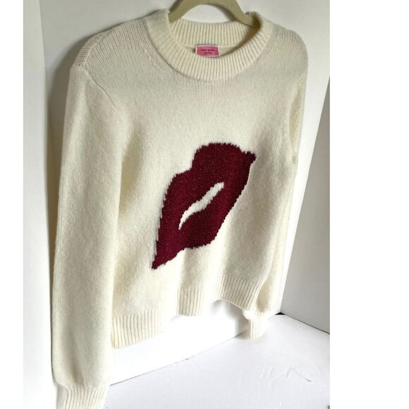 Kate Spade Cashmere Wool Sweater Womens large Ivory Sparkle Kiss Red Lip - Picture 4 of 8